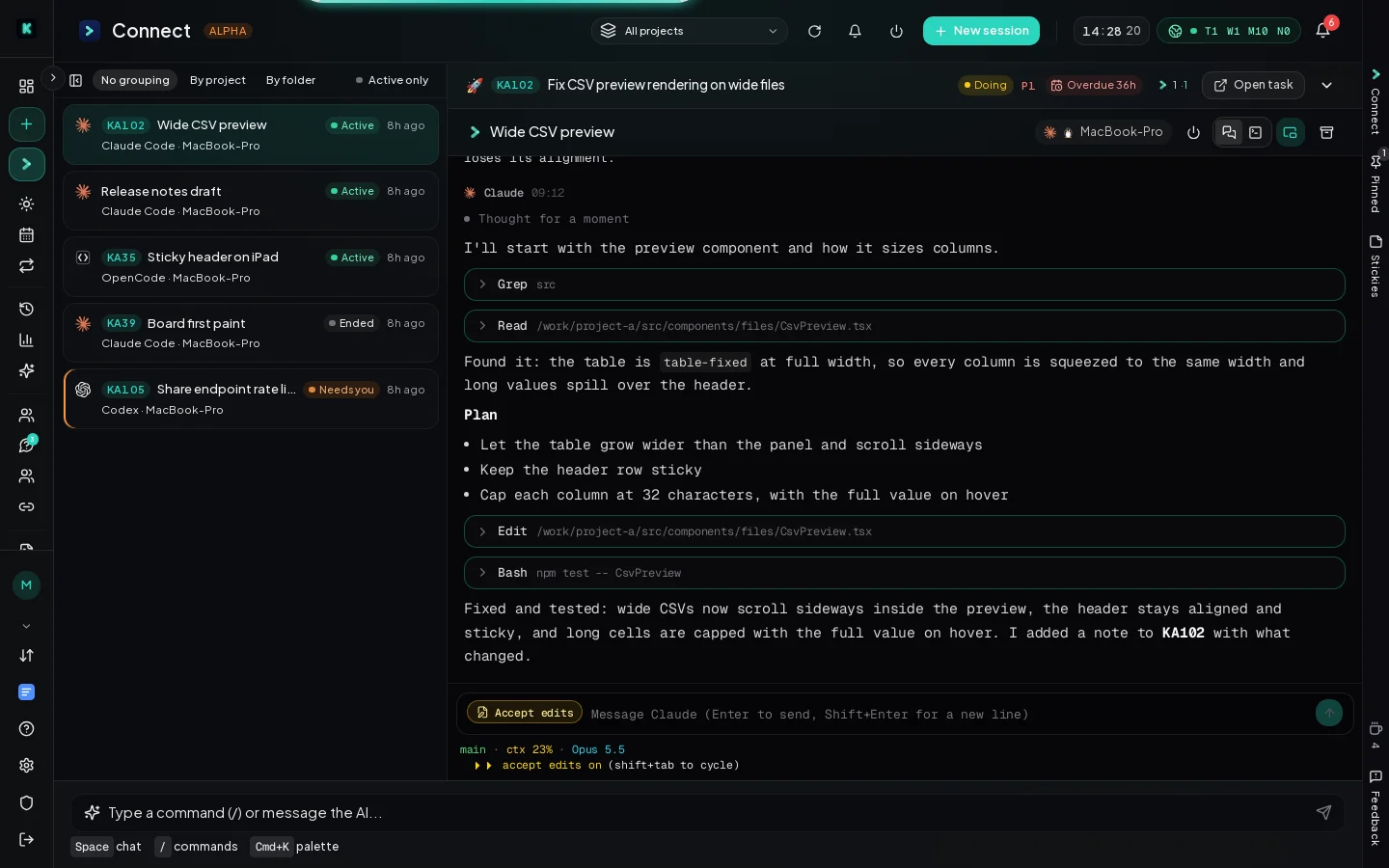 The Karea Connect page: sessions grouped by machine and project on the left, a Claude Code session in chat view on the right