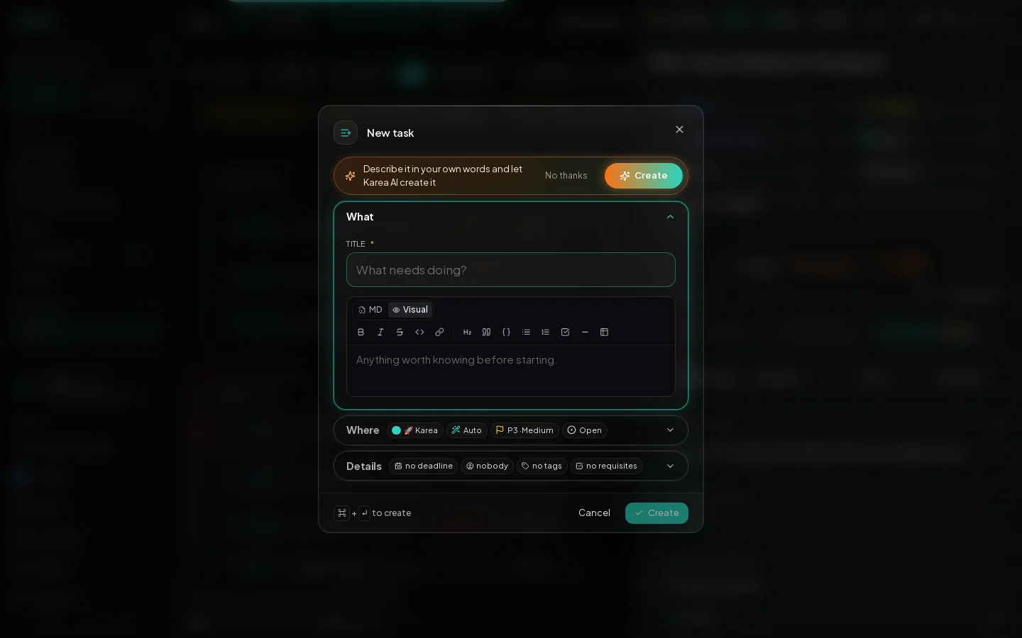 The New task window with the Karea AI strip and the What, Where and Details sections