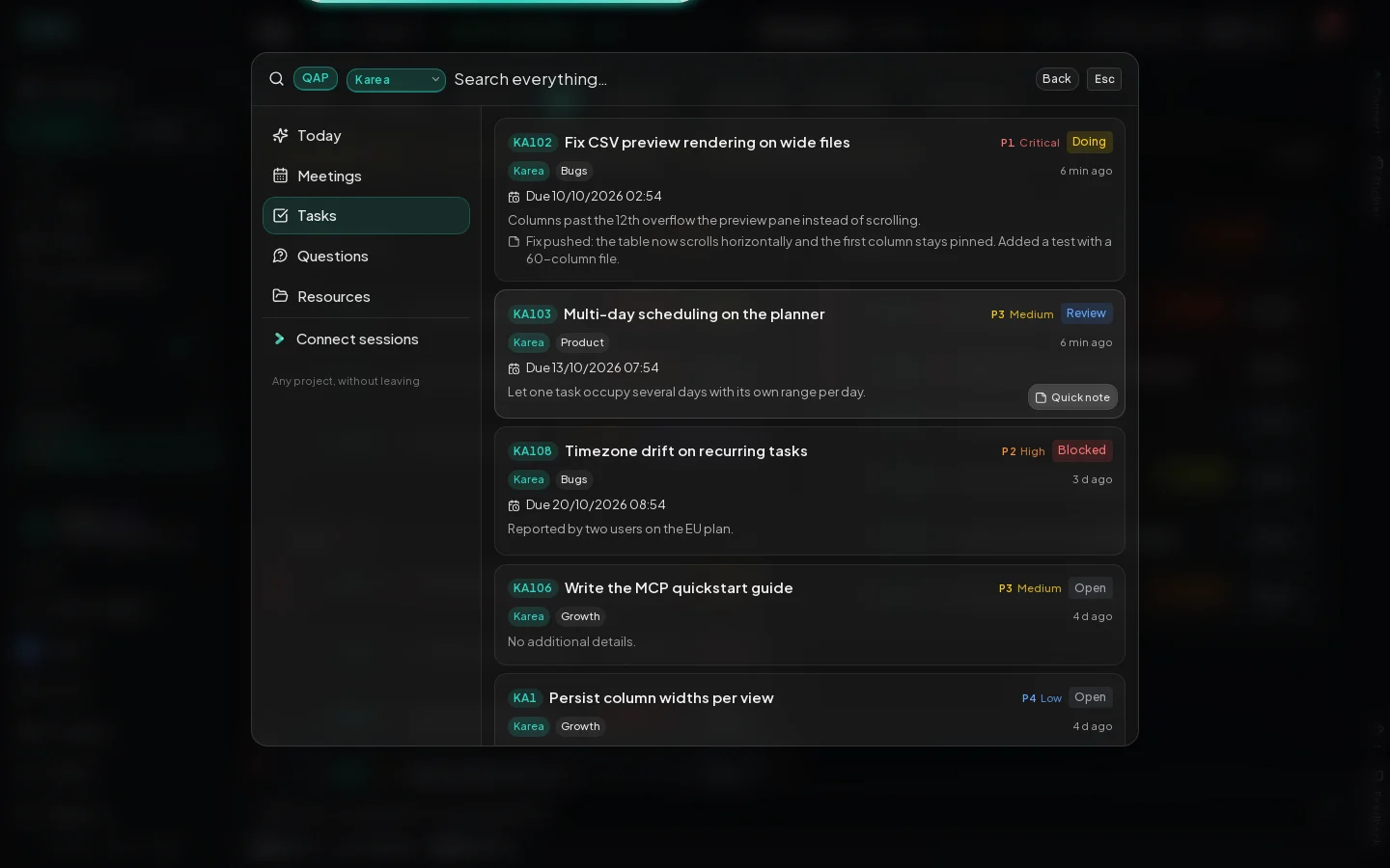 The Karea Quick Actions Panel listing tasks from a project, with Today, Meetings, Tasks, Questions and Resources views